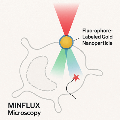 A visual representation of Nanopartz fluorophore-labeled gold nanoparticles in use with Miniflux Microscopy